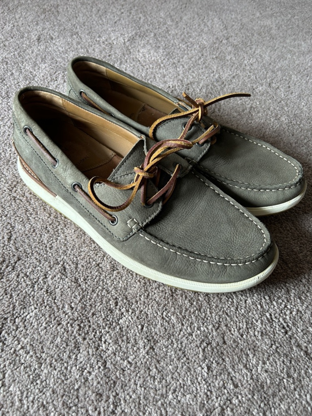 Johnston & Murphy Khaki Green Leather with Brown Leather Trim Boat Shoes